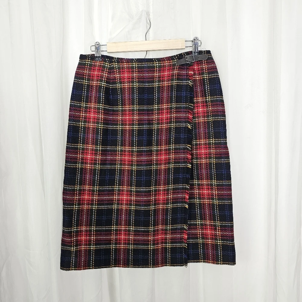 Jones New York Classic Plaid Wool Wrap Kilted Tartan Skirt Red Blue Buckle 14